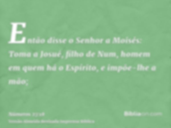 Então disse o Senhor a Moisés: Toma a Josué, filho de Num, homem em quem há o Espírito, e impõe-lhe a mão;