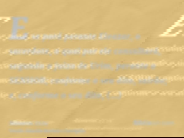 E se porá perante Eleazar, o sacerdote, o qual por ele consultará, segundo o juízo de Urim, perante o SENHOR; conforme o seu dito, sairão; e, conforme o seu dit