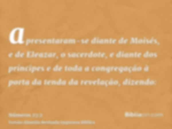 apresentaram-se diante de Moisés, e de Eleazar, o sacerdote, e diante dos príncipes e de toda a congregação à porta da tenda da revelação, dizendo: