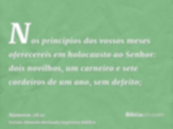 Nos princípios dos vossos meses oferecereis em holocausto ao Senhor: dois novilhos, um carneiro e sete cordeiros de um ano, sem defeito;