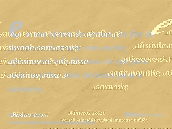 e a sua oferta de cereais, de flor de farinha misturada com azeite; oferecereis três décimos de efa para cada novilho, dois décimos para o carneiro,