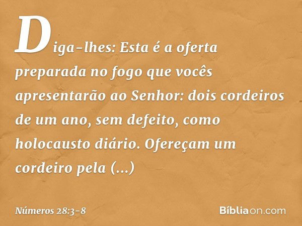 Diga-lhes: Esta é a oferta preparada no fogo que vocês apresentarão ao Senhor: dois cordeiros de um ano, sem defeito, como holocausto diário. Ofereçam um cordei