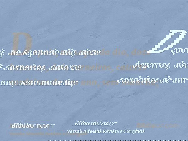 Depois, no segundo dia, doze bezerros, dois carneiros, catorze cordeiros de um ano, sem mancha;