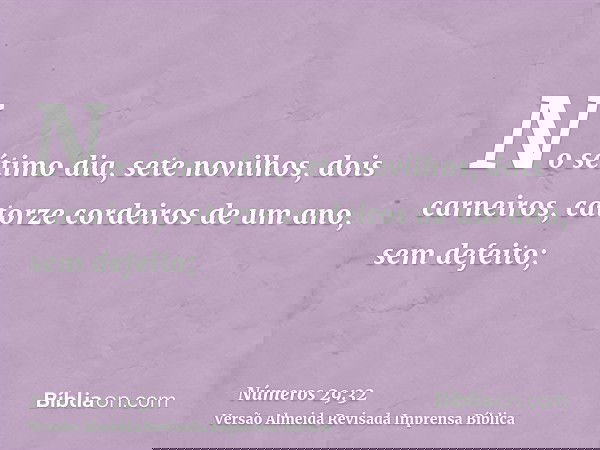 No sétimo dia, sete novilhos, dois carneiros, catorze cordeiros de um ano, sem defeito;