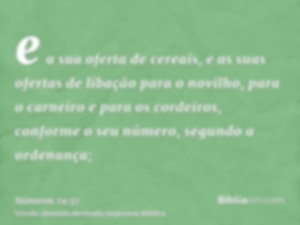 e a sua oferta de cereais, e as suas ofertas de libação para o novilho, para o carneiro e para os cordeiros, conforme o seu número, segundo a ordenança;