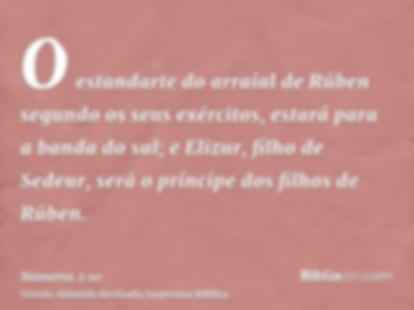 O estandarte do arraial de Rúben segundo os seus exércitos, estará para a banda do sul; e Elizur, filho de Sedeur, será o príncipe dos filhos de Rúben.