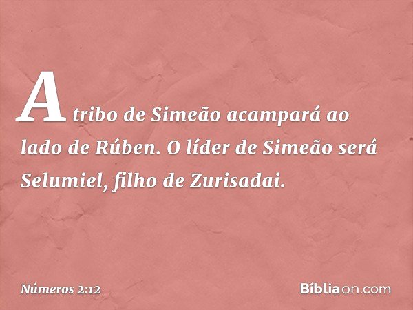 A tribo de Simeão acampará ao lado de Rúben. O líder de Simeão será Selumiel, filho de Zurisadai. -- Números 2:12
