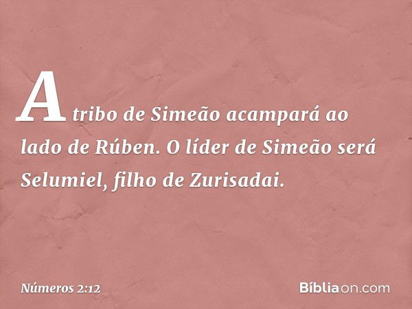 A tribo de Simeão acampará ao lado de Rúben. O líder de Simeão será Selumiel, filho de Zurisadai. -- Números 2:12