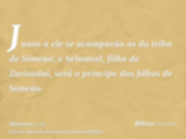 Junto a ele se acamparão os da tribo de Simeão; e Selumiel, filho de Zurisadai, será o príncipe dos filhos de Simeão.