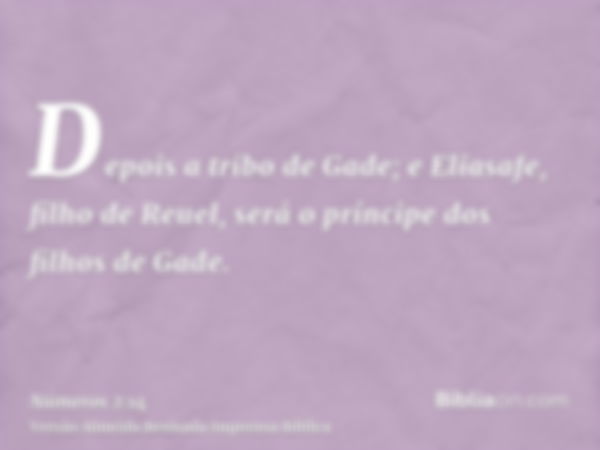 Depois a tribo de Gade; e Eliasafe, filho de Reuel, será o príncipe dos filhos de Gade.