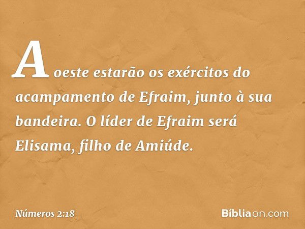 A oeste estarão os exércitos do acampamento de Efraim, junto à sua bandeira. O líder de Efraim será Elisama, filho de Amiúde. -- Números 2:18