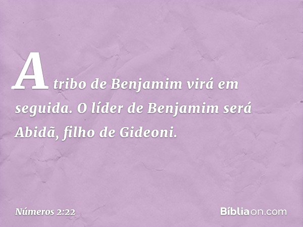 A tribo de Benjamim virá em seguida. O líder de Benjamim será Abidã, filho de Gideoni. -- Números 2:22