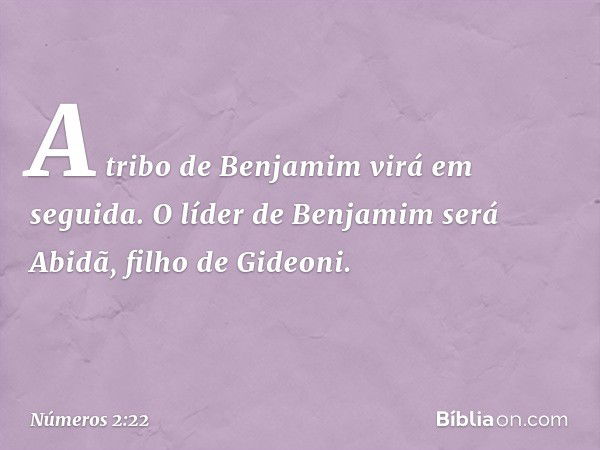 A tribo de Benjamim virá em seguida. O líder de Benjamim será Abidã, filho de Gideoni. -- Números 2:22