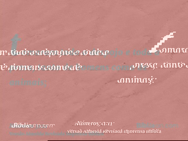 tomaram todo o despojo e toda a presa, tanto de homens como de animais;