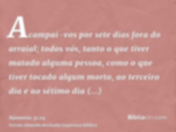 Acampai-vos por sete dias fora do arraial; todos vós, tanto o que tiver matado alguma pessoa, como o que tiver tocado algum morto, ao terceiro dia e ao sétimo d