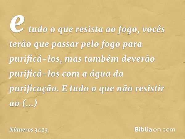 e tudo o que resista ao fogo, vocês terão que passar pelo fogo para purificá-los, mas também deverão purificá-los com a água da purificação. E tudo o que não re