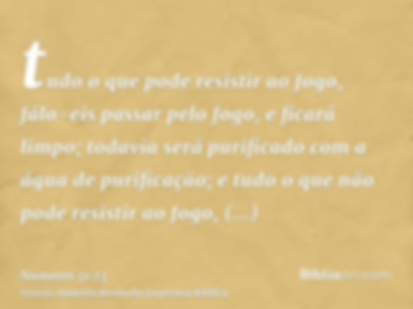 tudo o que pode resistir ao fogo, fálo-eis passar pelo fogo, e ficará limpo; todavia será purificado com a água de purificação; e tudo o que não pode resistir a