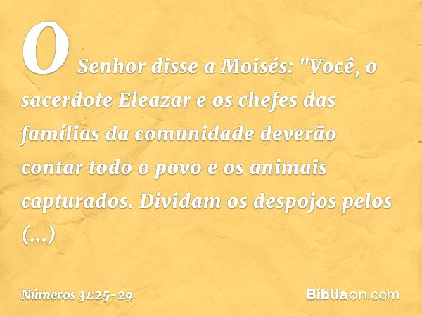 O Senhor disse a Moisés: "Você, o sacerdote Eleazar e os chefes das famílias da comunidade deverão contar todo o povo e os animais capturados. Dividam os despoj