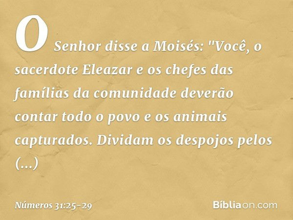 O Senhor disse a Moisés: "Você, o sacerdote Eleazar e os chefes das famílias da comunidade deverão contar todo o povo e os animais capturados. Dividam os despoj