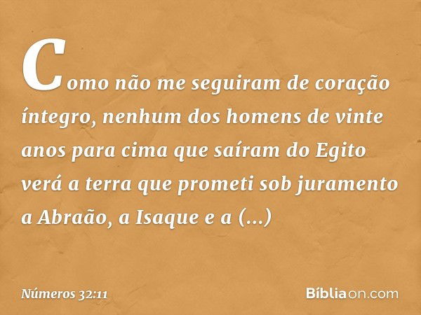 'Como não me seguiram de coração íntegro, nenhum dos homens de vinte anos para cima que saíram do Egito verá a terra que prometi sob juramento a Abraão, a Isaqu