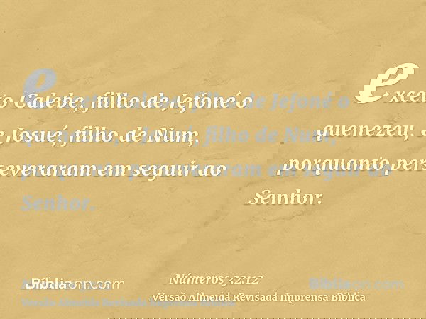 exceto Calebe, filho de Jefoné o quenezeu, e Josué, filho de Num, porquanto perseveraram em seguir ao Senhor.