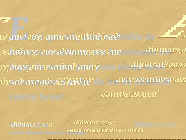 E eis que vós, uma multidão de homens pecadores, vos levantastes em lugar de vossos pais para ainda mais acrescentar o ardor da ira do SENHOR contra Israel.
