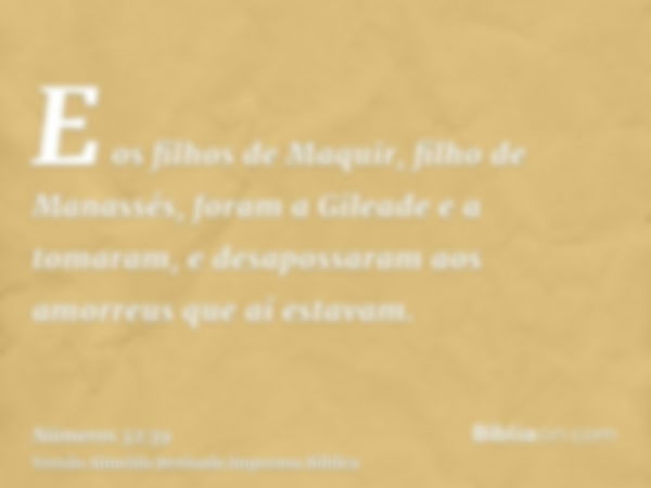 E os filhos de Maquir, filho de Manassés, foram a Gileade e a tomaram, e desapossaram aos amorreus que aí estavam.