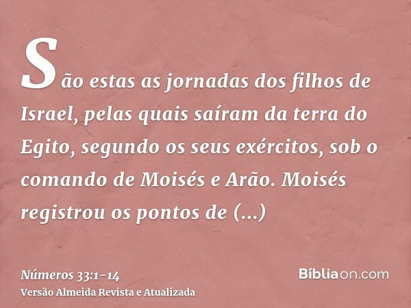 São estas as jornadas dos filhos de Israel, pelas quais saíram da terra do Egito, segundo os seus exércitos, sob o comando de Moisés e Arão.Moisés registrou os 