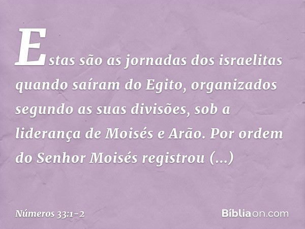 Estas são as jornadas dos israelitas quando saíram do Egito, organizados segundo as suas divisões, sob a liderança de Moisés e Arão. Por ordem do Senhor Moisés 