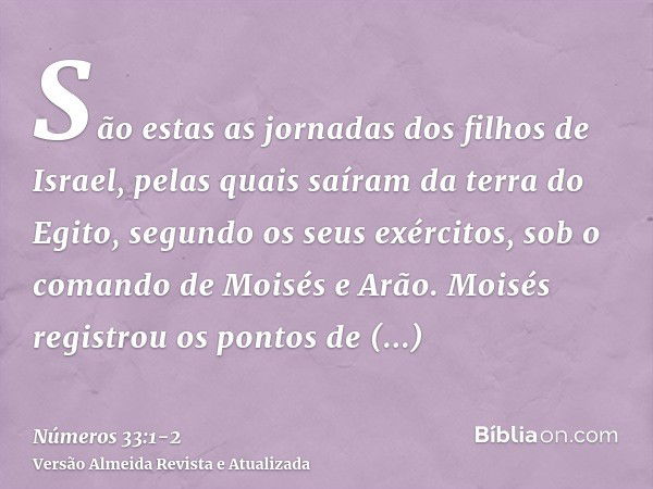 São estas as jornadas dos filhos de Israel, pelas quais saíram da terra do Egito, segundo os seus exércitos, sob o comando de Moisés e Arão.Moisés registrou os 