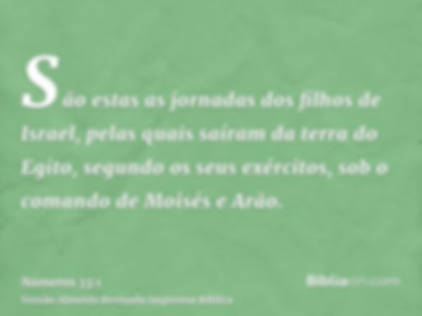 São estas as jornadas dos filhos de Israel, pelas quais saíram da terra do Egito, segundo os seus exércitos, sob o comando de Moisés e Arão.