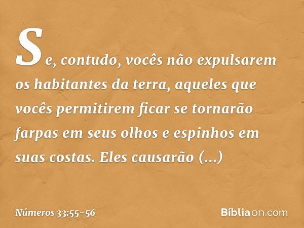 "Se, contudo, vocês não expulsarem os habitantes da terra, aqueles que vocês permitirem ficar se tornarão farpas em seus olhos e espinhos em suas costas. Eles c