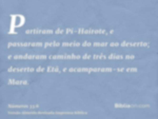 Partiram de Pi-Hairote, e passaram pelo meio do mar ao deserto; e andaram caminho de três dias no deserto de Etã, e acamparam-se em Mara.