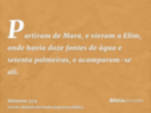 Partiram de Mara, e vieram a Elim, onde havia doze fontes de água e setenta palmeiras, e acamparam-se ali.