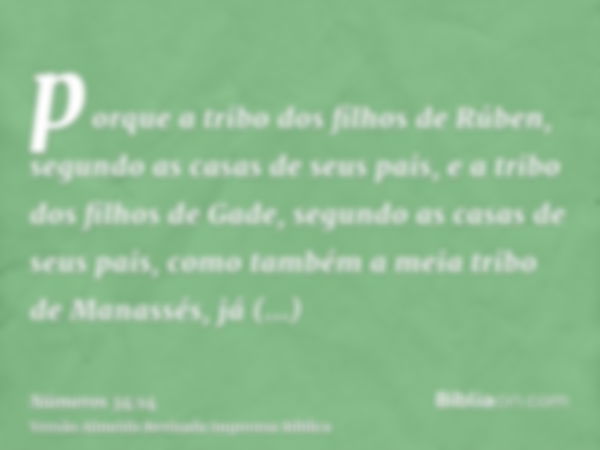 porque a tribo dos filhos de Rúben, segundo as casas de seus pais, e a tribo dos filhos de Gade, segundo as casas de seus pais, como também a meia tribo de Mana