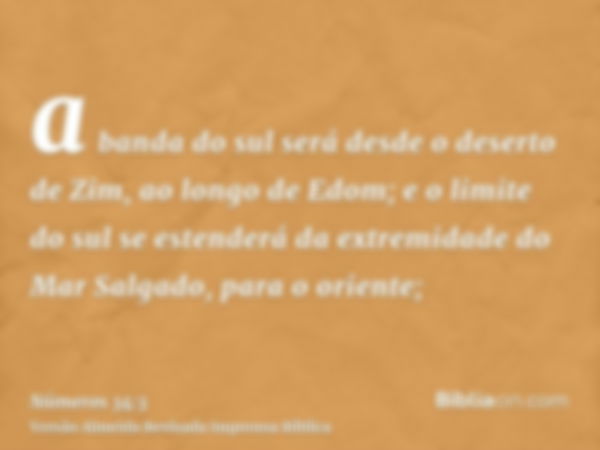 a banda do sul será desde o deserto de Zim, ao longo de Edom; e o limite do sul se estenderá da extremidade do Mar Salgado, para o oriente;