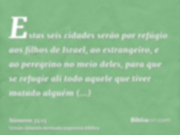 Estas seis cidades serão por refúgio aos filhos de Israel, ao estrangeiro, e ao peregrino no meio deles, para que se refugie ali todo aquele que tiver matado al