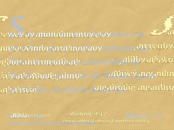 São esses os mandamentos e os preceitos que o Senhor ordenou aos filhos de Israel por intermédio de Moisés nas planícies de Moabe, junto ao Jordão, na altura de