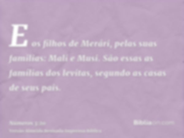 E os filhos de Merári, pelas suas familias: Mali e Musi. São essas as famílias dos levitas, segundo as casas de seus pais.