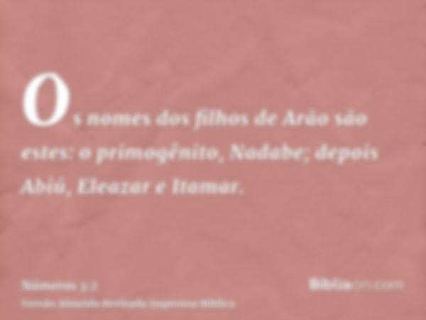 Os nomes dos filhos de Arão são estes: o primogênito, Nadabe; depois Abiú, Eleazar e Itamar.