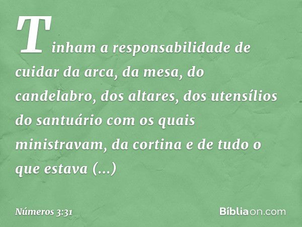 Tinham a responsabilidade de cuidar da arca, da mesa, do candelabro, dos altares, dos utensílios do santuário com os quais ministravam, da cortina e de tudo o q