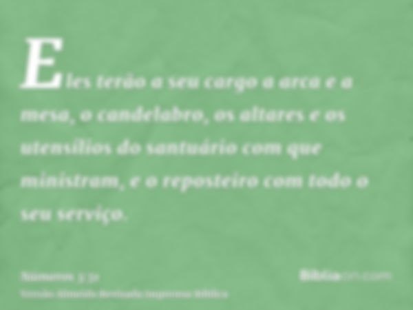 Eles terão a seu cargo a arca e a mesa, o candelabro, os altares e os utensílios do santuário com que ministram, e o reposteiro com todo o seu serviço.