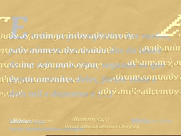 E todos os primogênitos dos varões, pelo número dos nomes dos da idade de um mês para cima, segundo os que foram contados deles, foram vinte e dois mil e duzent