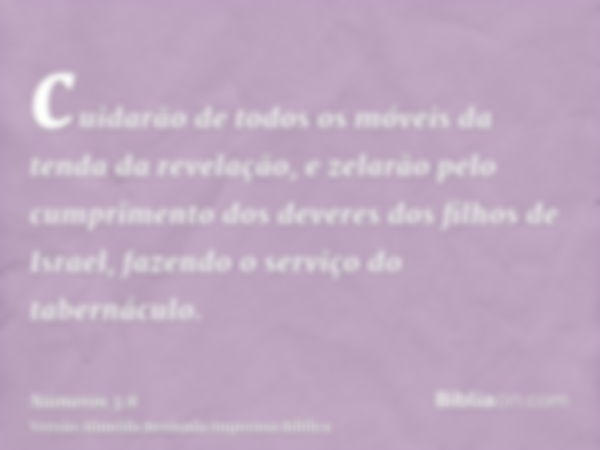 cuidarão de todos os móveis da tenda da revelação, e zelarão pelo cumprimento dos deveres dos filhos de Israel, fazendo o serviço do tabernáculo.