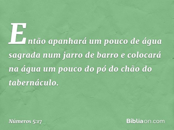 Então apanhará um pouco de água sagrada num jarro de barro e colocará na água um pouco do pó do chão do tabernáculo. -- Números 5:17