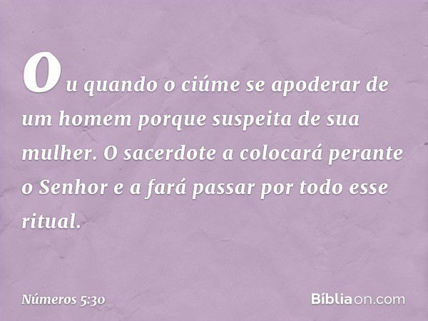 ou quando o ciúme se apoderar de um homem porque suspeita de sua mulher. O sacerdote a colocará perante o Senhor e a fará passar por todo esse ritual. -- Número