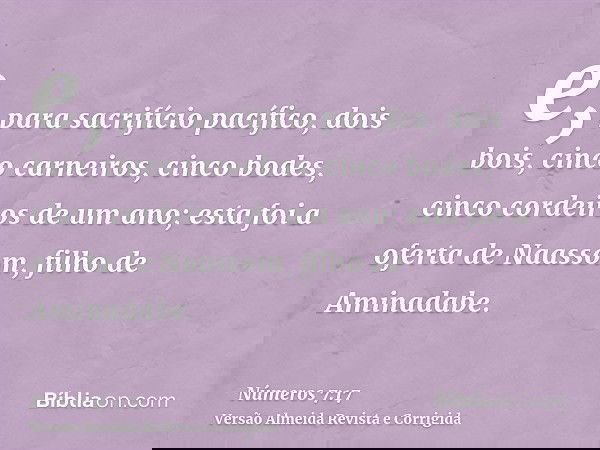 e, para sacrifício pacífico, dois bois, cinco carneiros, cinco bodes, cinco cordeiros de um ano; esta foi a oferta de Naassom, filho de Aminadabe.