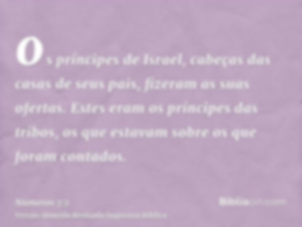 os príncipes de Israel, cabeças das casas de seus pais, fizeram as suas ofertas. Estes eram os príncipes das tribos, os que estavam sobre os que foram contados.