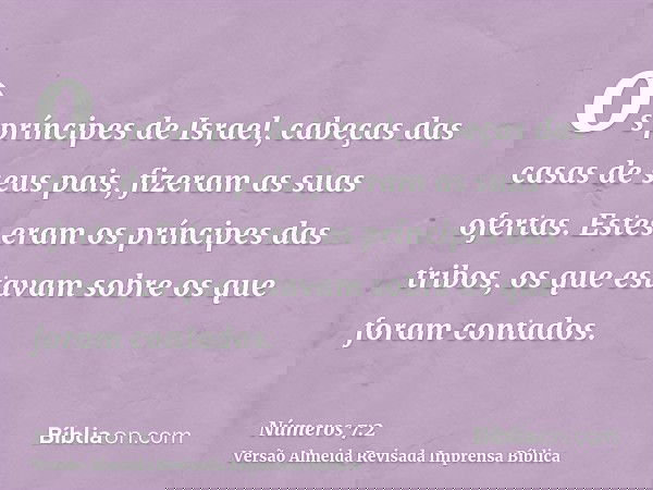 os príncipes de Israel, cabeças das casas de seus pais, fizeram as suas ofertas. Estes eram os príncipes das tribos, os que estavam sobre os que foram contados.