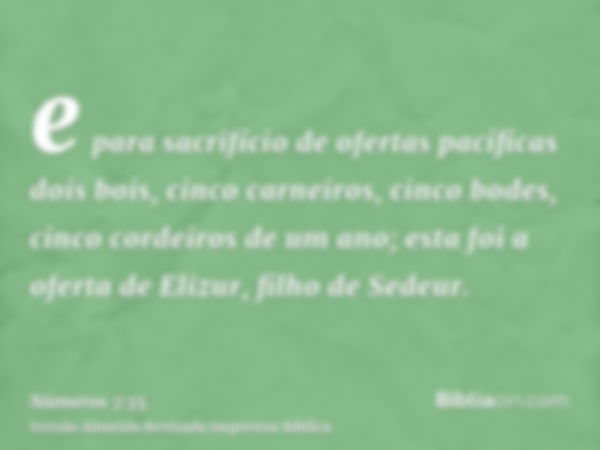 e para sacrifício de ofertas pacíficas dois bois, cinco carneiros, cinco bodes, cinco cordeiros de um ano; esta foi a oferta de Elizur, filho de Sedeur.